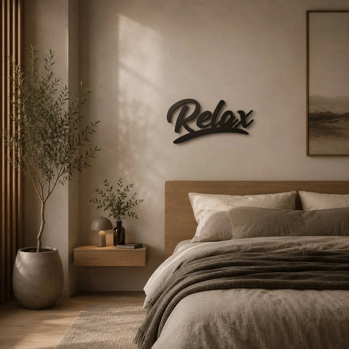 Zwarte metalen wandtekst Relax, rustgevend hangend boven een bed in een sfeervol ingerichte slaapkamer.