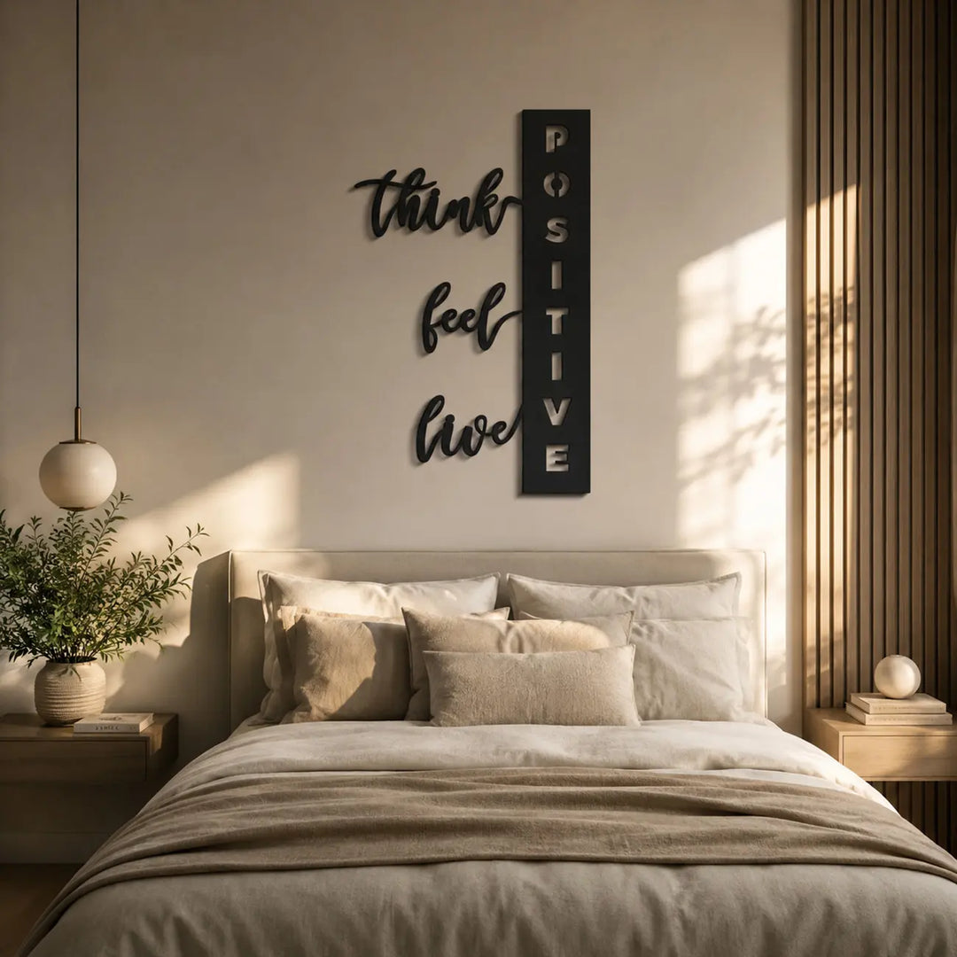 Begin elke dag met een positieve mindset. Deze verticale metalen wanddecoratie is perfect voor smalle muren in de slaapkamer.