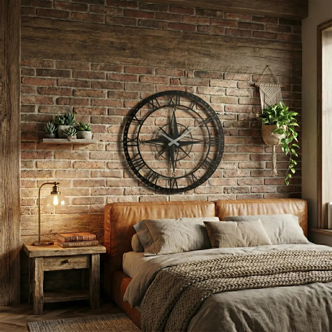 Rustgevende slaapkamer met een zwarte metalen kompas wandklok. De perfecte muurdecoratie voor dromers en wereldreizigers.