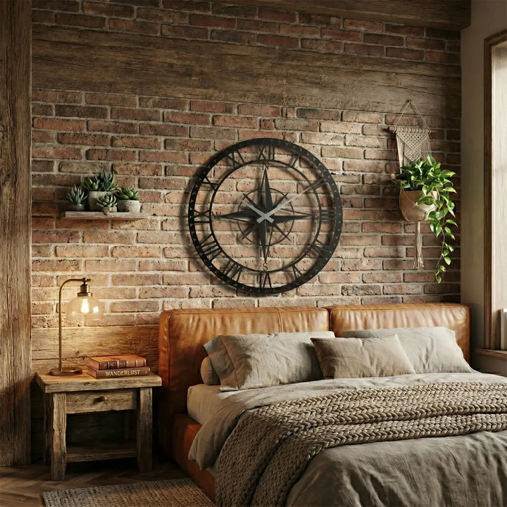 Rustgevende slaapkamer met een zwarte metalen kompas wandklok. De perfecte muurdecoratie voor dromers en wereldreizigers.