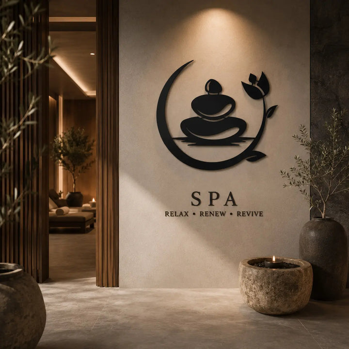 Luxe zwarte metalen wanddecoratie van een halve maan met zen stenen, ultiem rustgevend hangend aan de muur van een professionele spa salon of massagekamer.