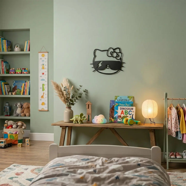 Speelse zwarte Hello Kitty decoratie aan de muur in een kinderkamer met boeken en speelgoed. Geeft de kamer direct een vrolijke uitstraling.