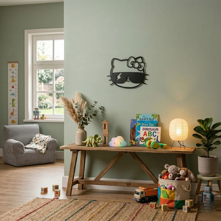 Speelse zwarte Hello Kitty decoratie aan de muur in een kinderkamer met boeken en speelgoed. Geeft de kamer direct een vrolijke uitstraling.
