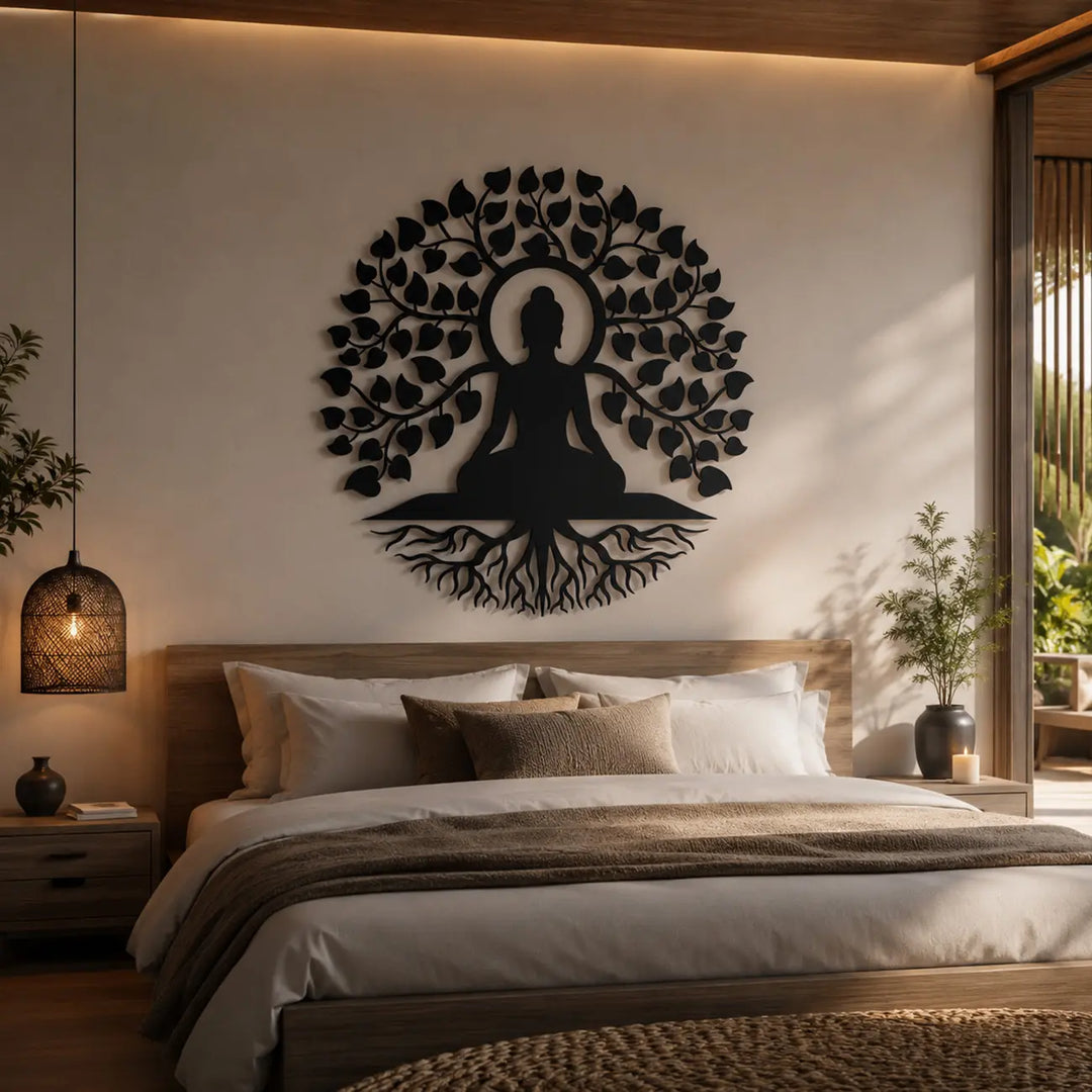 Spirituele metalen wanddecoratie met een Boeddha in de levensboom, gemonteerd boven een bed voor een rustgevende sfeer in de slaapkamer.