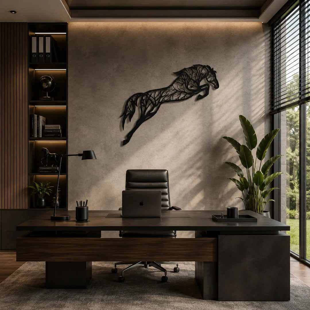 Moderne metalen wanddecoratie van een springend paard. Een krachtige en elegante eyecatcher voor in het kantoor of de directiekamer.