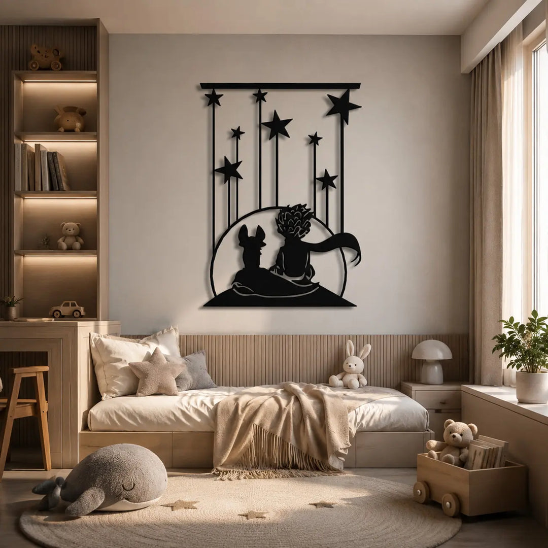 Zwarte metalen muurkunst geïnspireerd op het sprookje van De Kleine Prins. Een inspirerende en tijdloze toevoeging aan de kinderkamer.