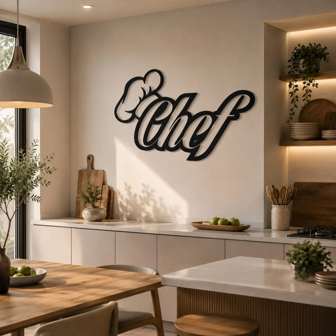 Zwarte metalen 'Chef' wanddecoratie aan de muur in een standaard familiekuken. Een speelse en stijlvolle toevoeging om uw alledaagse kookruimte op te leuken.