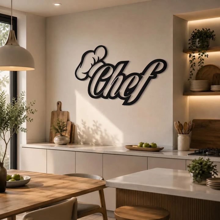 Zwarte metalen 'Chef' wanddecoratie aan de muur in een standaard familiekuken. Een speelse en stijlvolle toevoeging om uw alledaagse kookruimte op te leuken.