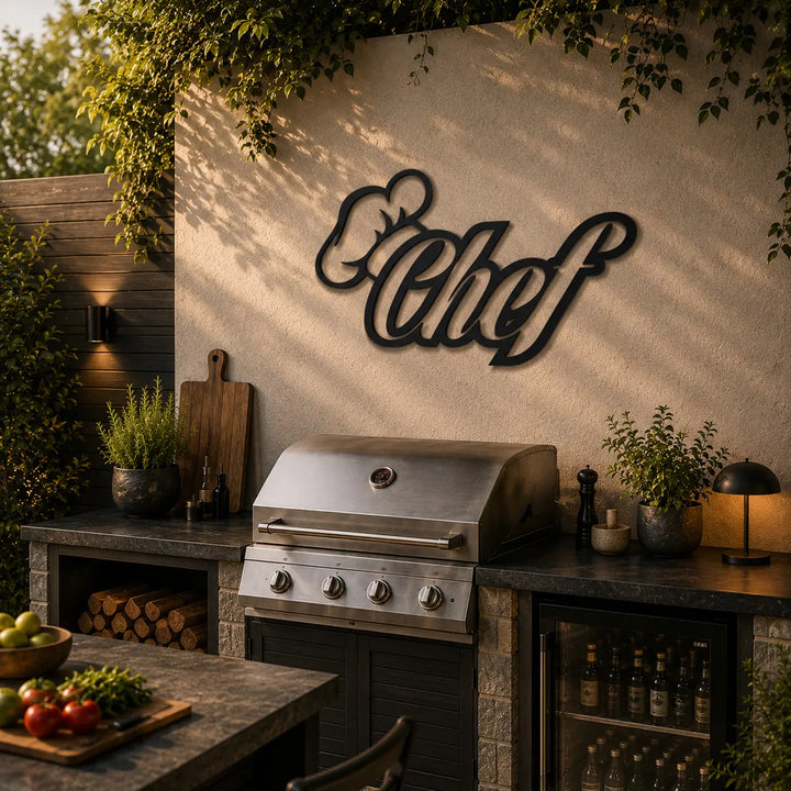 Stoere metalen 'Chef' wandtekst, het perfecte cadeau voor de grillmeester. Ideale wanddecoratie voor uw buitenkeuken of BBQ-ruimte.