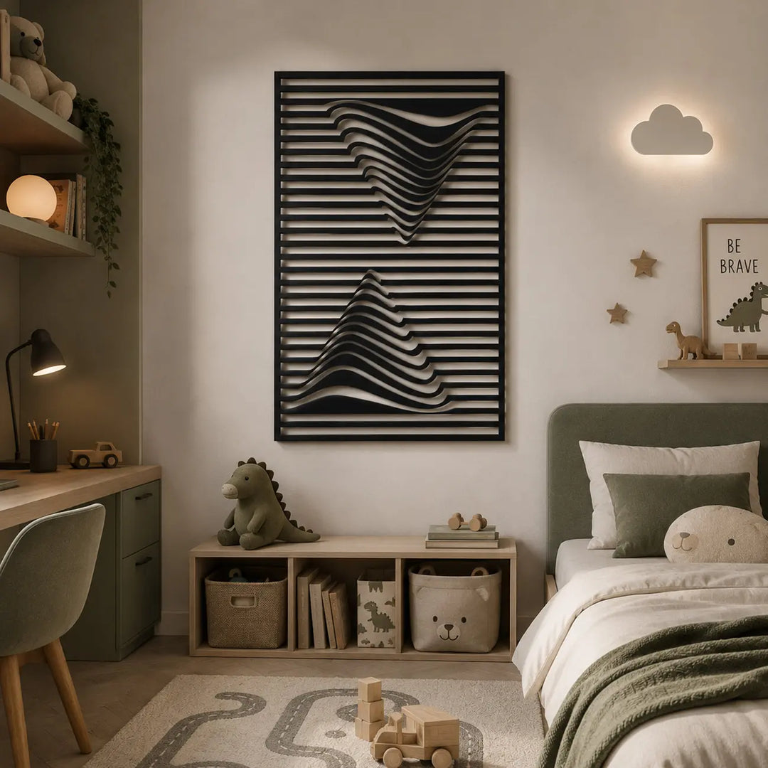 Zwarte metalen wanddecoratie Optical Wave, als stoere eyecatcher in een moderne kinderkamer of tienerkamer.