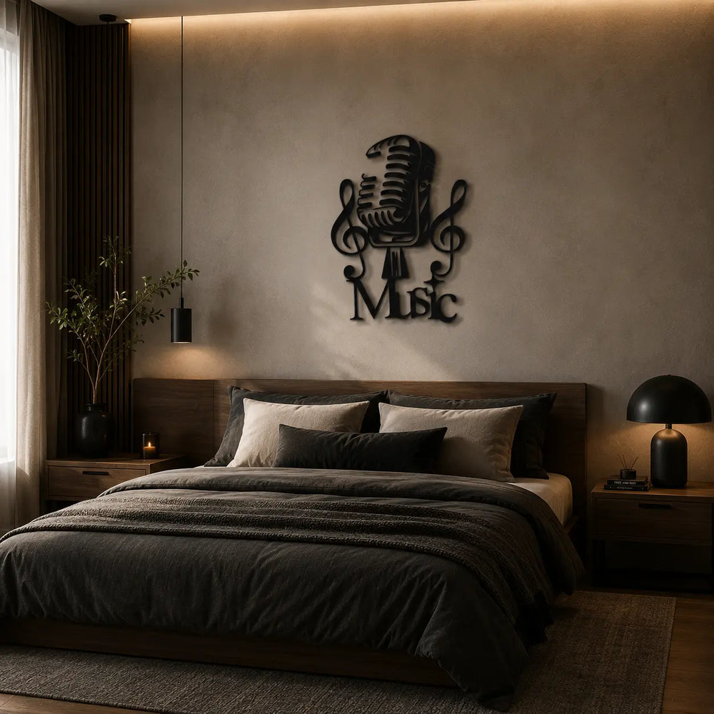 Zwarte metalen retro microfoon wanddecoratie, als stoere eyecatcher hangend boven een bed in een sfeervolle slaapkamer of tienerkamer.