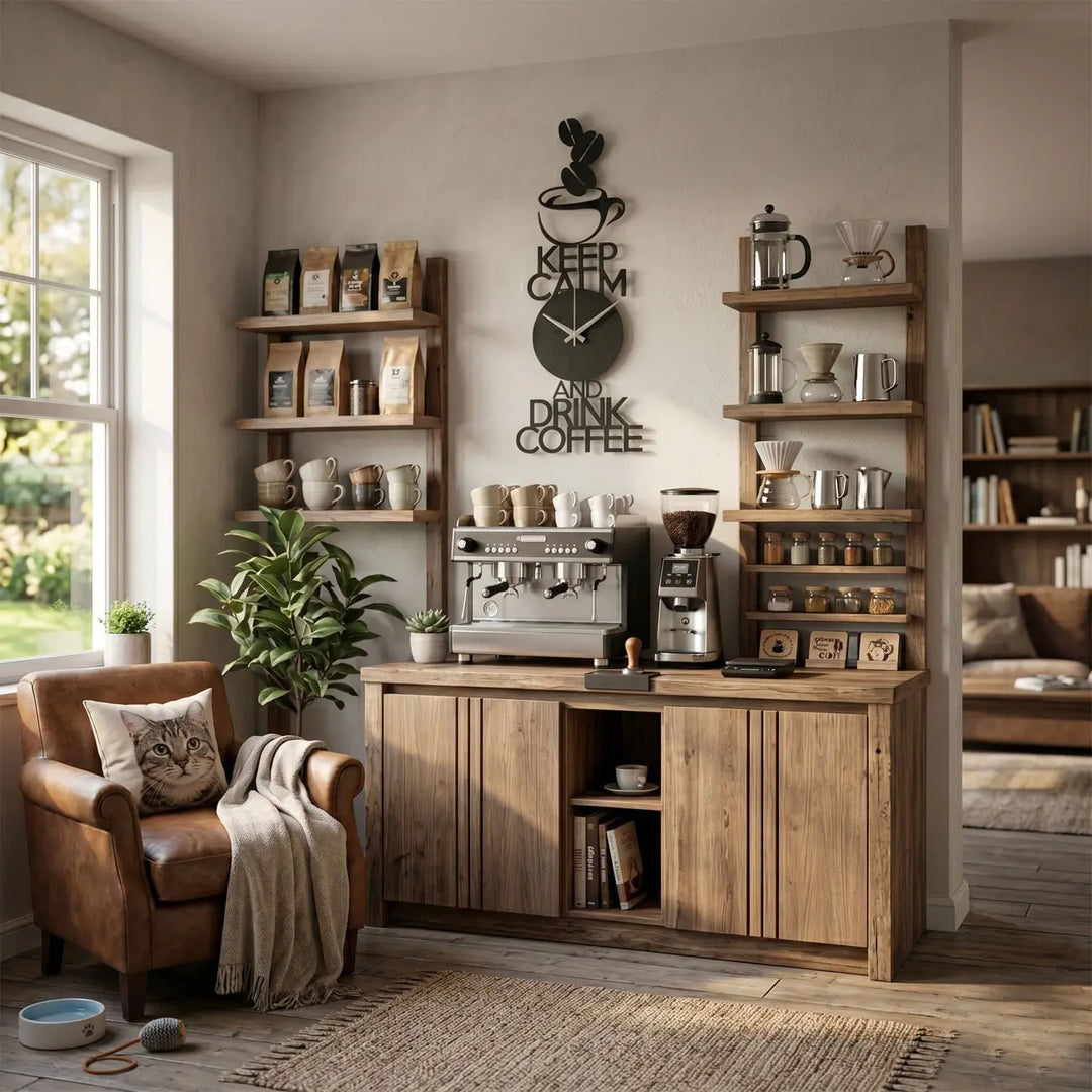 Luxe verticale metalen wandklok met koffie quote voor thuis interieur - Barista Mantra Zwart - Storetta