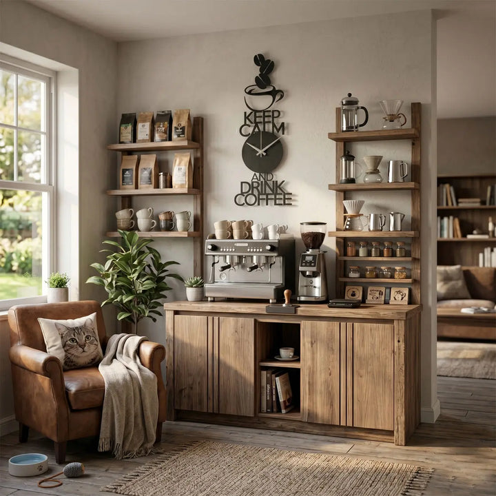 Luxe verticale metalen wandklok met koffie quote voor thuis interieur - Barista Mantra Zwart - Storetta