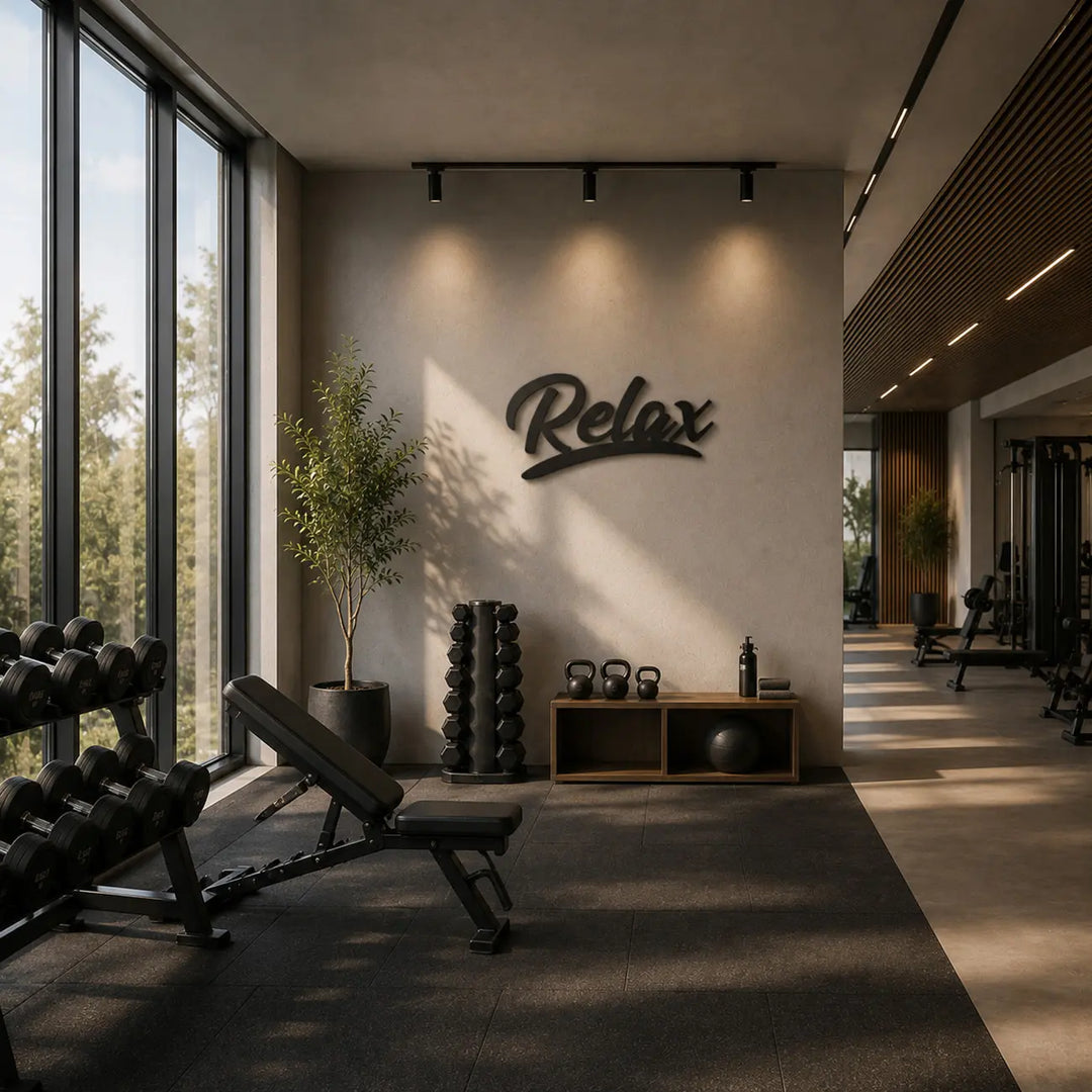 Rustgevende sfeer in de stretching zone van de gym, geaccentueerd door de metalen Relax muurtekst.
