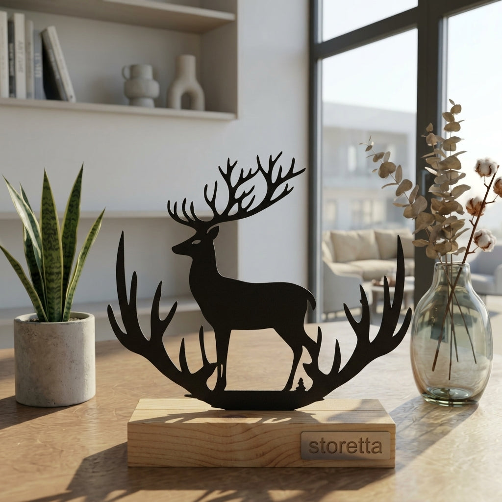 Eigentijdse tafeldecoratie van metaal en hout met een majestueus edelhert silhouet in natuurlijk daglicht.