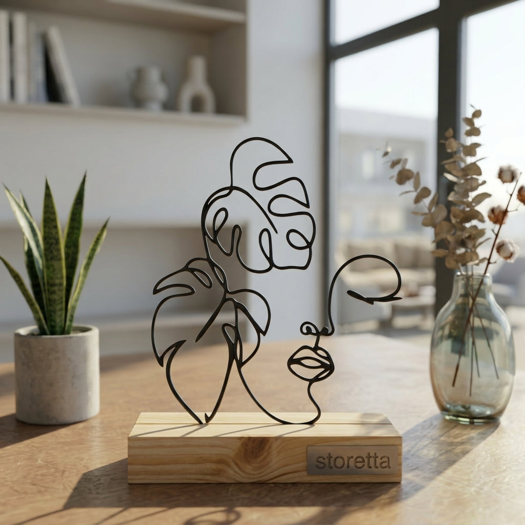 Eigentijdse tafeldecoratie van metaal en hout met botanisch line art profiel in natuurlijk daglicht
