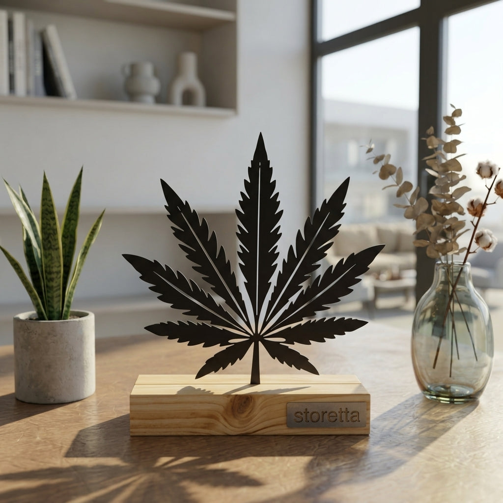 Eigentijdse tafeldecoratie van metaal en hout met een verfijnd lasergesneden cannabisblad silhouet.