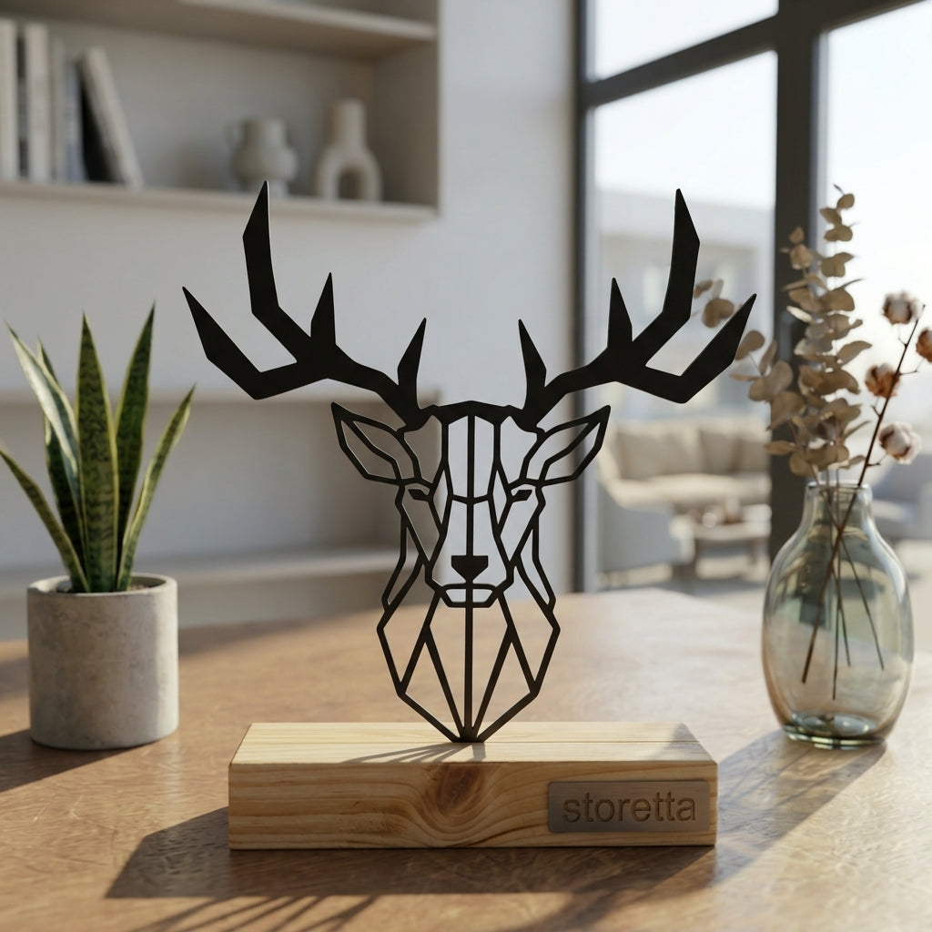 Moderne tafeldecoratie van metaal en hout met een geometrisch edelhert silhouet in daglicht.