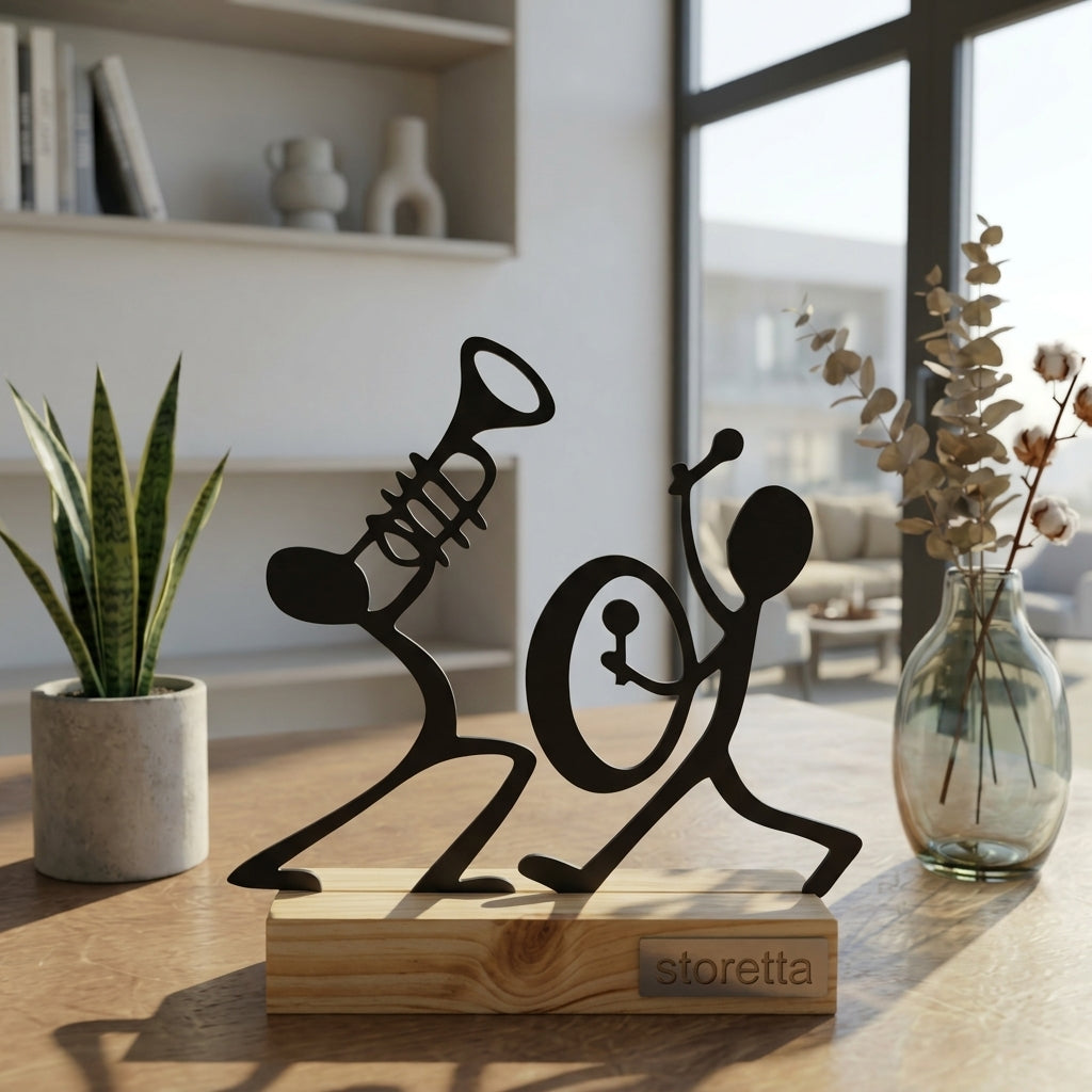 Eigentijdse tafeldecoratie van metaal en hout met spelende muzikanten met trompet en trommel