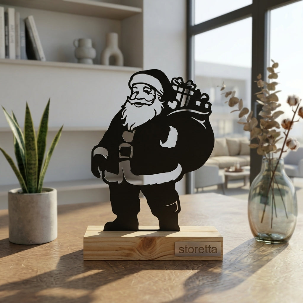 Eigentijdse tafeldecoratie van metaal en hout met een sfeervol Kerstman silhouet in daglicht