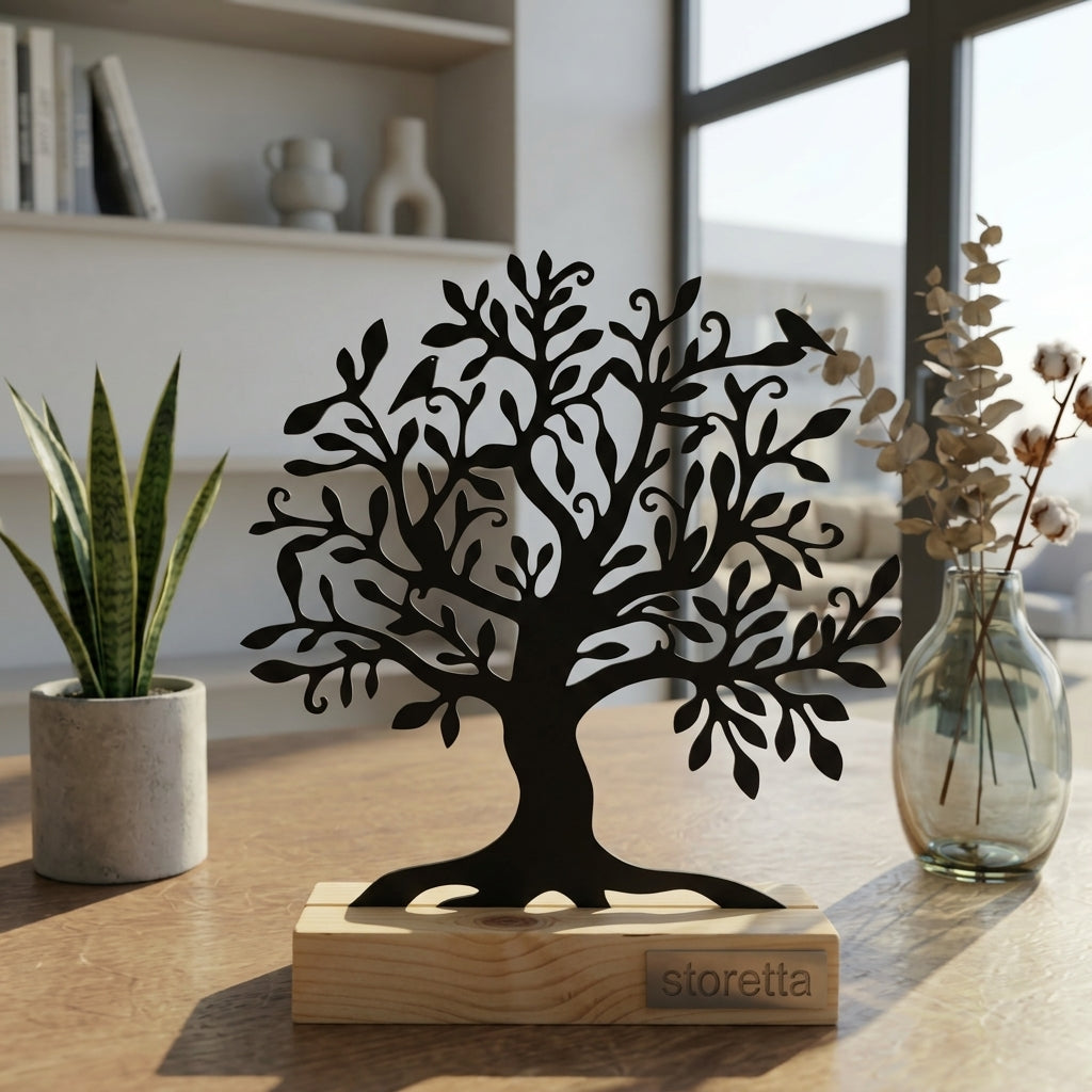Gedetailleerde tafeldecoratie van metaal en hout met een organisch Tree of Life silhouet.