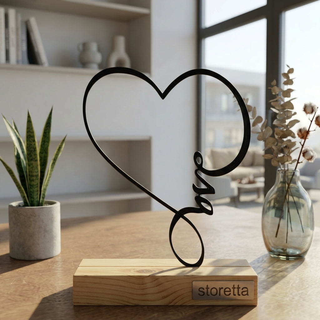Eigentijdse tafeldecoratie van metaal en hout met een open hart en Love belettering in natuurlijk daglicht.