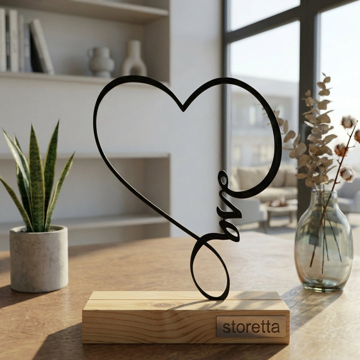Eigentijdse tafeldecoratie van metaal en hout met een open hart en Love belettering in natuurlijk daglicht.