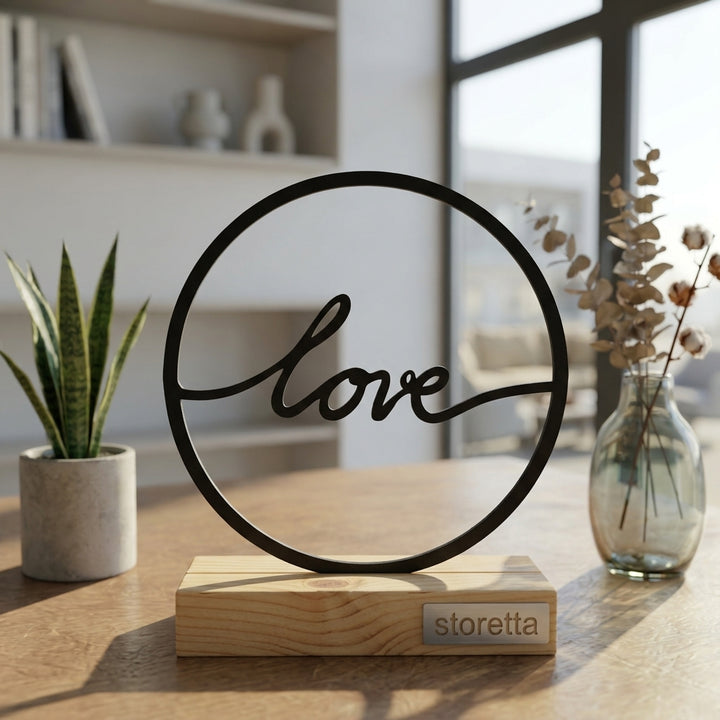 Eigentijdse tafeldecoratie van metaal en hout met typografische Love cirkel in daglicht.