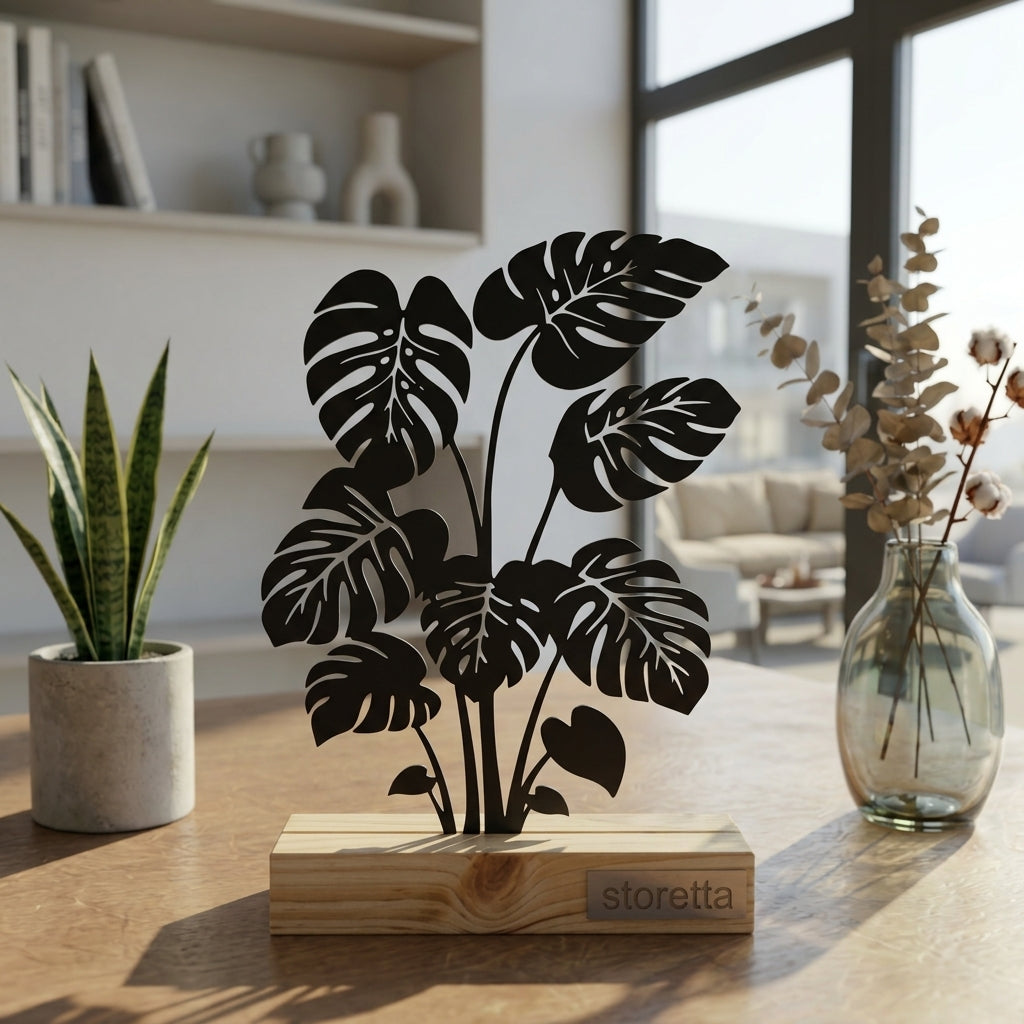Eigentijdse tafeldecoratie van metaal en hout met iconische Monstera bladeren in natuurlijk daglicht.
