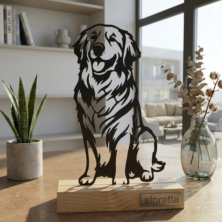 Eigentijdse tafeldecoratie van metaal en hout met een zittende Golden Retriever hondensilhouet.