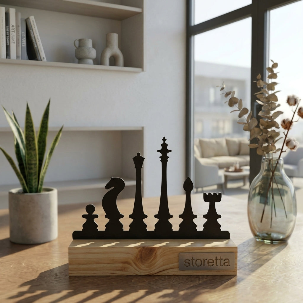 Eigentijdse tafeldecoratie van metaal en hout met een tijdloos schaakstukken silhouet in daglicht.