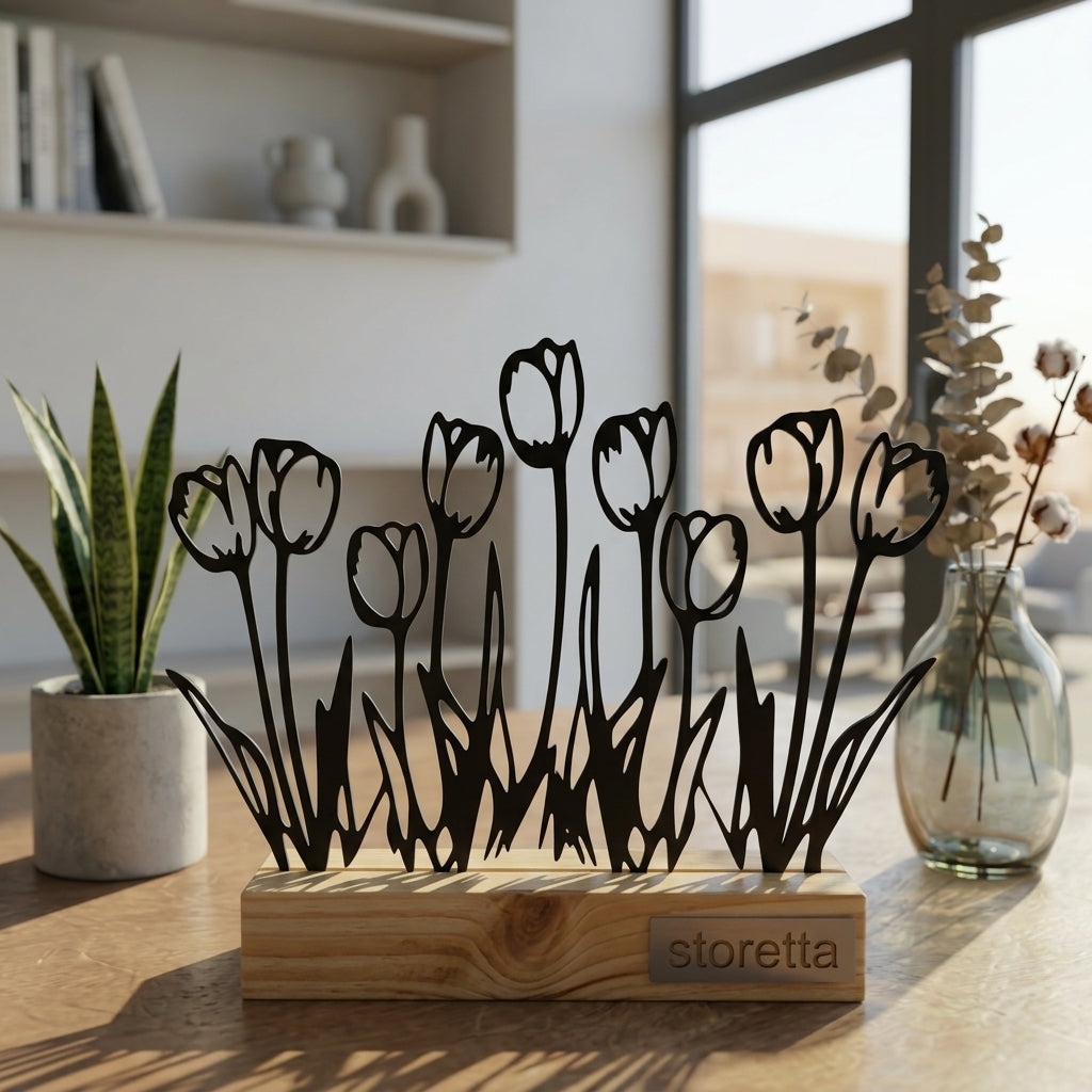 Eigentijdse tafeldecoratie van metaal en hout met bloeiende Hollandse tulpen in natuurlijk daglicht