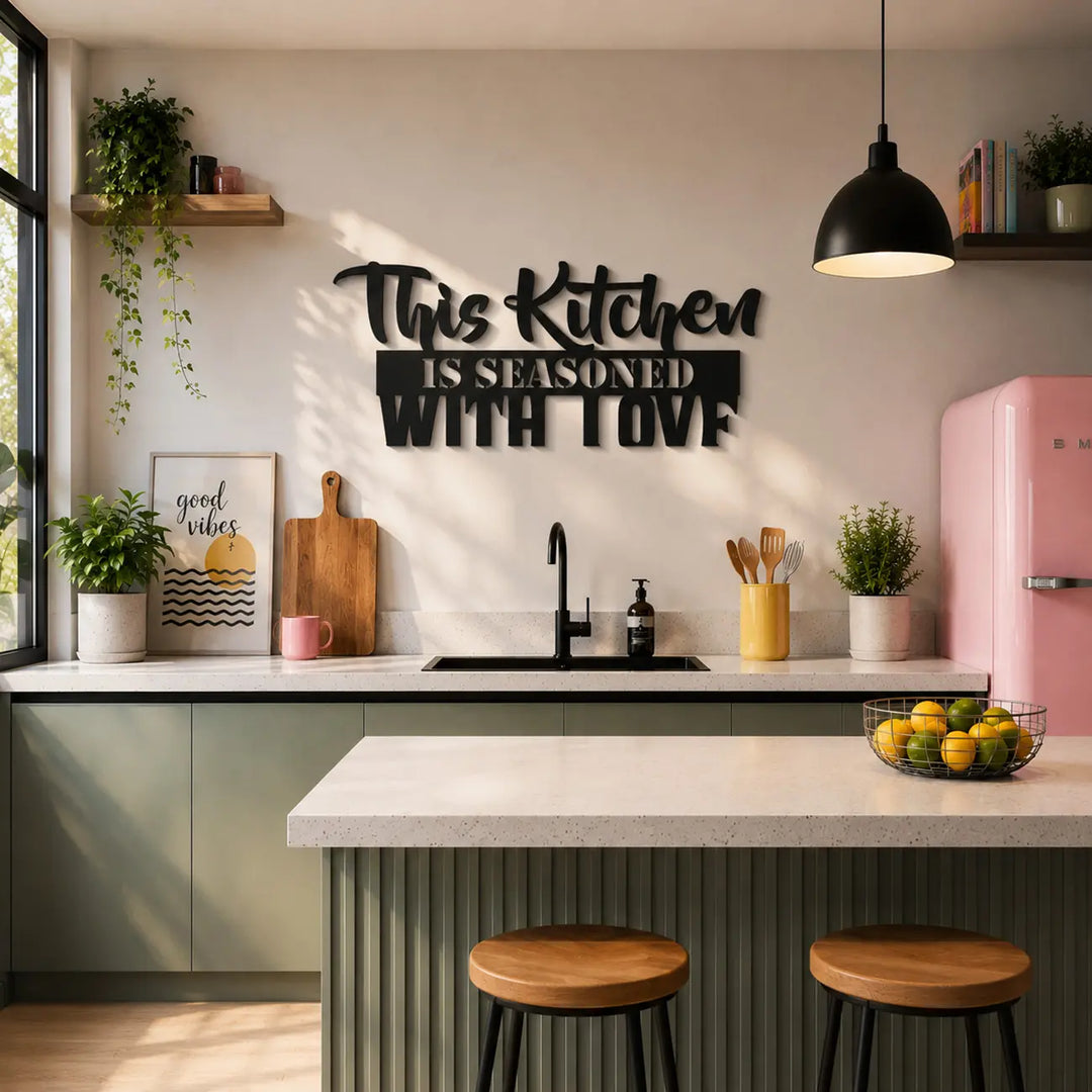 Zwarte metalen wanddecoratie met de tekst 'This kitchen is seasoned with love'. Een warme en gezellige toevoeging voor aan de muur in elke keuken.