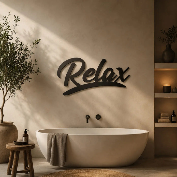 Creëer het ultieme thuis spa gevoel met de Relax 3D wanddecoratie van zwart metaal in de badkamer.
