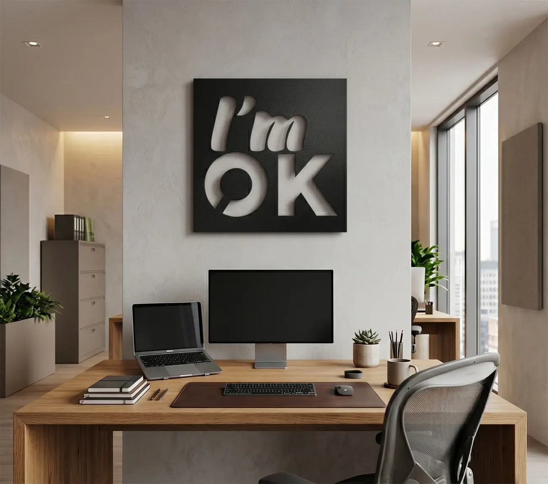 Motiverende metalen 'I'm OK' quote aan de muur in een thuiskantoor. Een minimalistische herinnering aan positiviteit en mentale rust tijdens het werken.