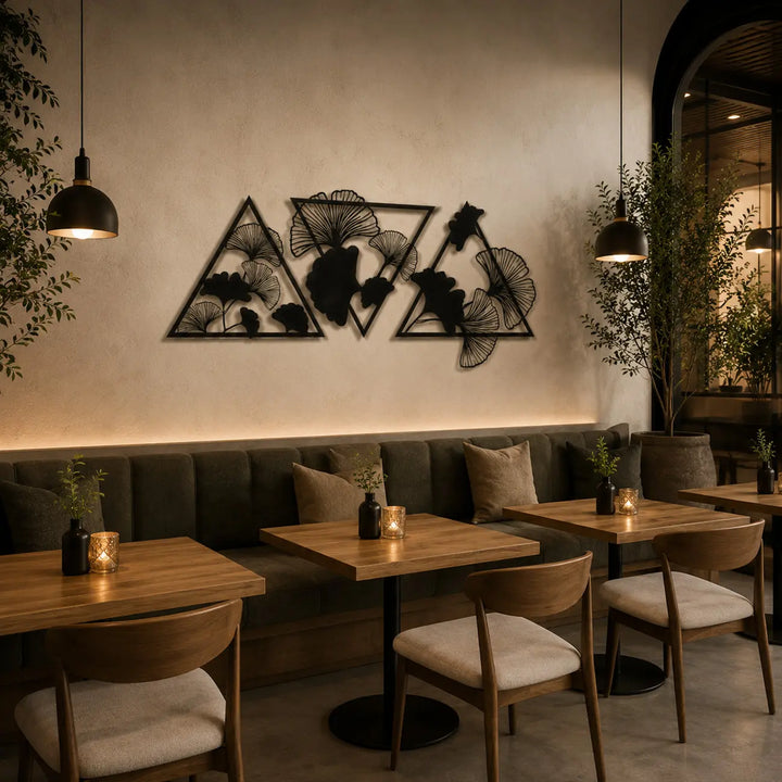 Stijlvolle metalen Ginkgo Biloba muurkunst set van 3. Creëer een warme, sfeervolle en trendy uitstraling voor de muur in uw koffietentje, café of horecagelegenheid.