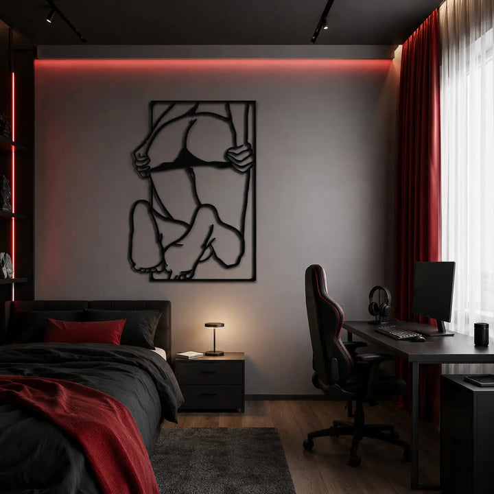Trendy zwarte metalen wanddecoratie in line art stijl, een esthetische en moderne eyecatcher voor een tienerkamer of studentenkamer.