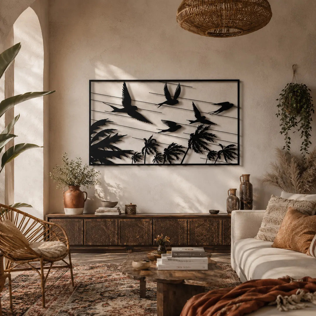 Zomerse sfeer in de woonkamer met de 'Tropical Flight' metalen wanddecoratie. Summery vibe in the living room with 'Tropical Flight' metal wall decor.