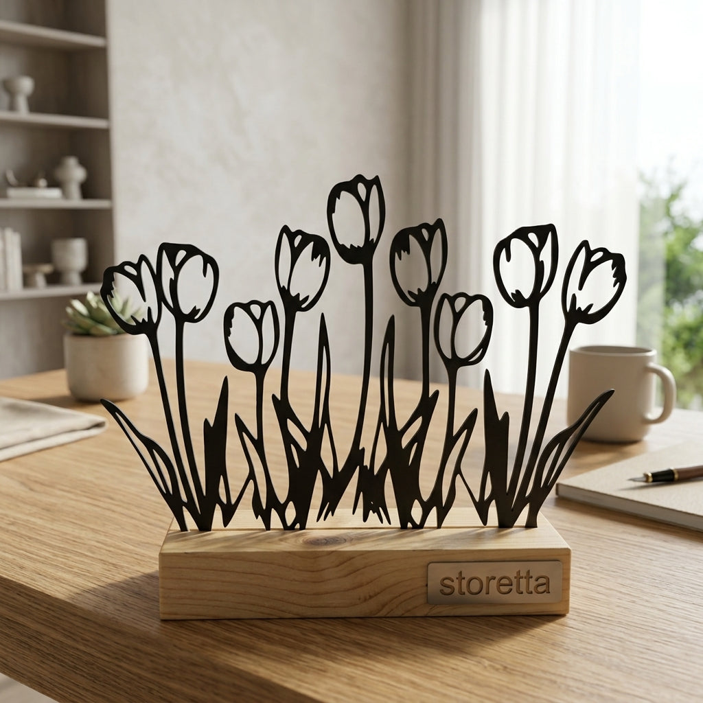 Hollandse tulpen beeldje op sokkel, een sfeervol botanisch statement piece voor vensterbank of dressoir.