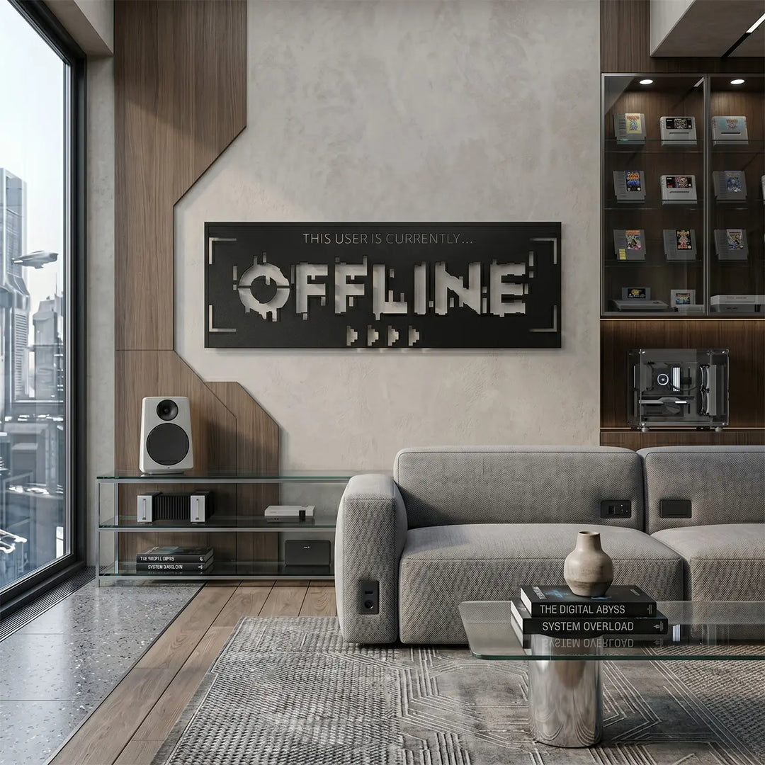 Zwarte metalen wandkunst 'User Offline' voor een industrieel woonkamer interieur. Industrial living room gaming wall art.