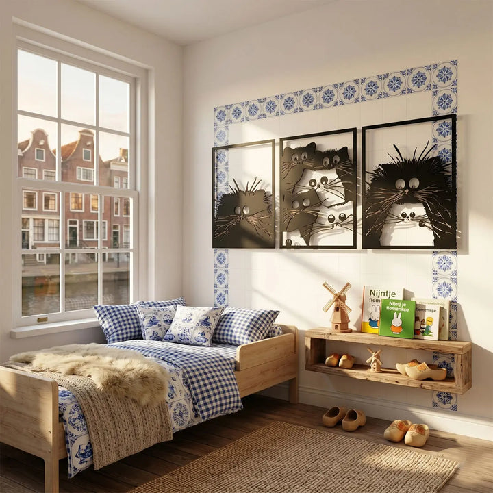 Veilige metalen katten wanddecoratie voor de babykamer. Gemaakt met 100% gifvrije Zero VOC poedercoating, volkomen veilig voor uw kind.