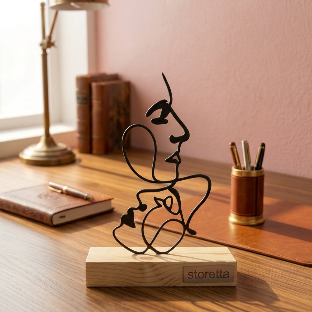 De Verbonden Gezichten - Zwart metalen line art ornament op massief houten voet als artistieke bureaudecoratie.