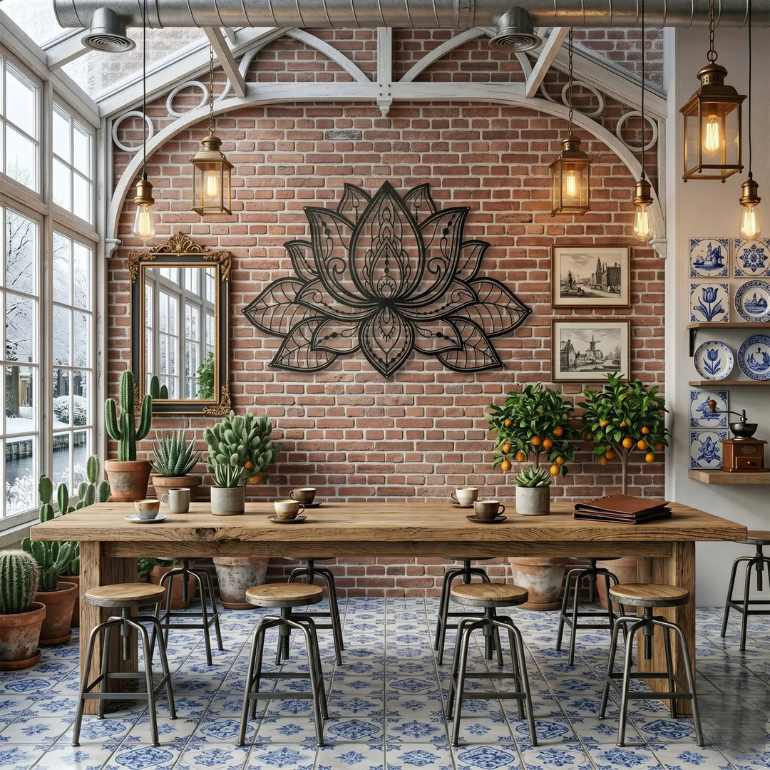 Moderne metalen lotusbloem als verwelkomende wanddecoratie in een stijlvolle cafetaria