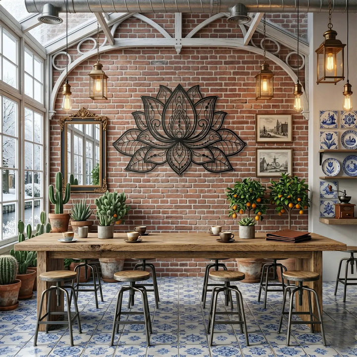 Moderne metalen lotusbloem als verwelkomende wanddecoratie in een stijlvolle cafetaria