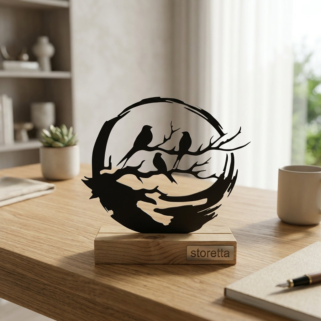 Vogels op tak beeldje op sokkel met artistieke ronde omlijsting, elegant op dressoir of vensterbank.