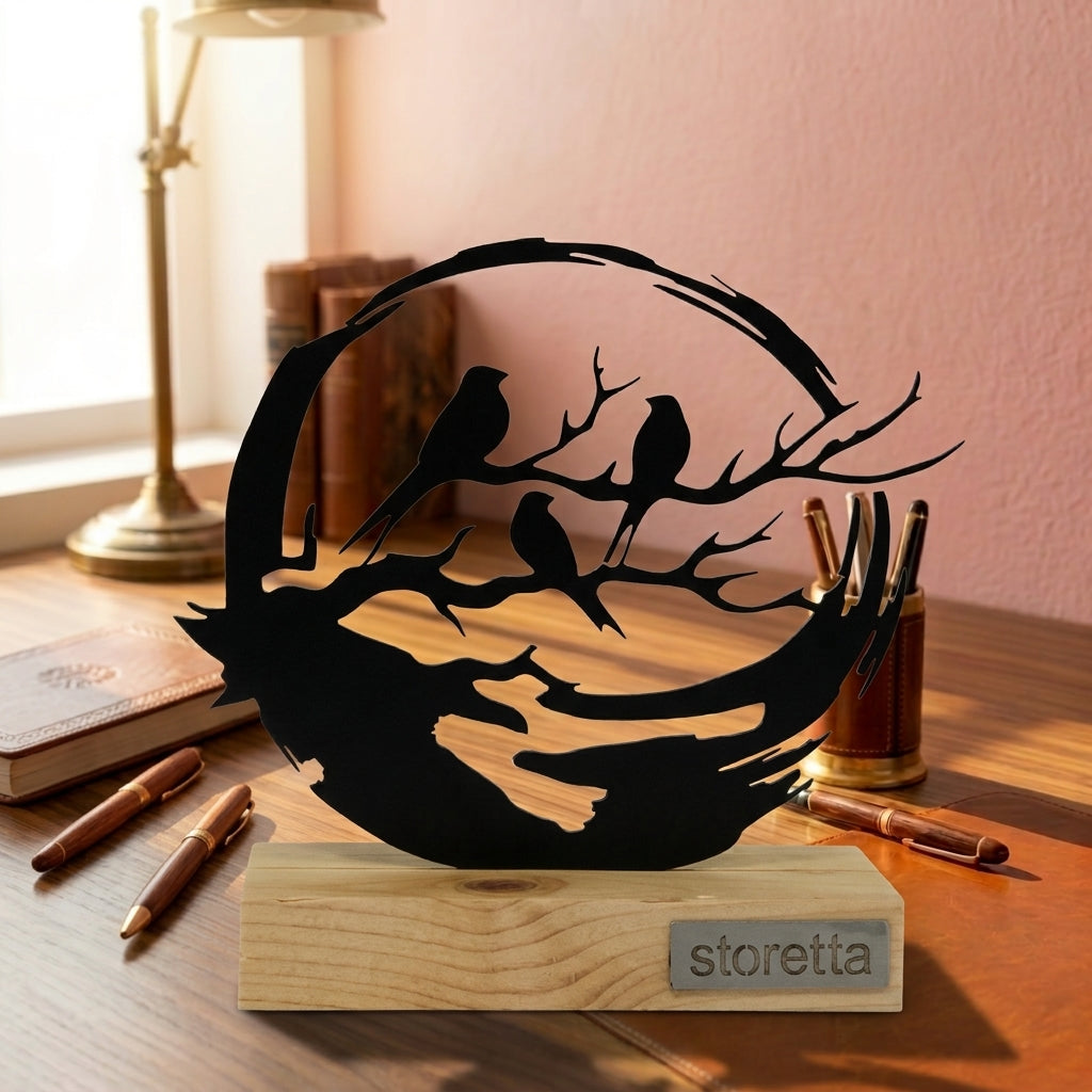Vogels op een tak in cirkel - Zwart metalen ornament op massief houten voet als sfeervolle bureaudecoratie.