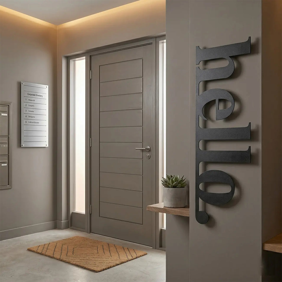 Verticale metalen 'hello' tekst naast de voordeur in de hal. De perfecte wanddecoratie voor smalle ruimtes in de entree van uw huis.