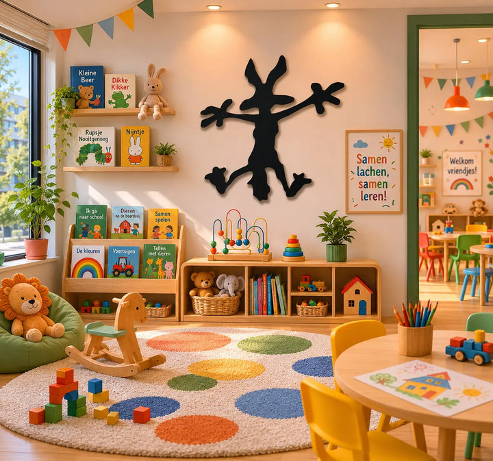 Vrolijke metalen wanddecoratie van Wile E. Coyote. Een speelse, energieke en kindvriendelijke eyecatcher voor in de kinderopvang, crèche of basisschool.