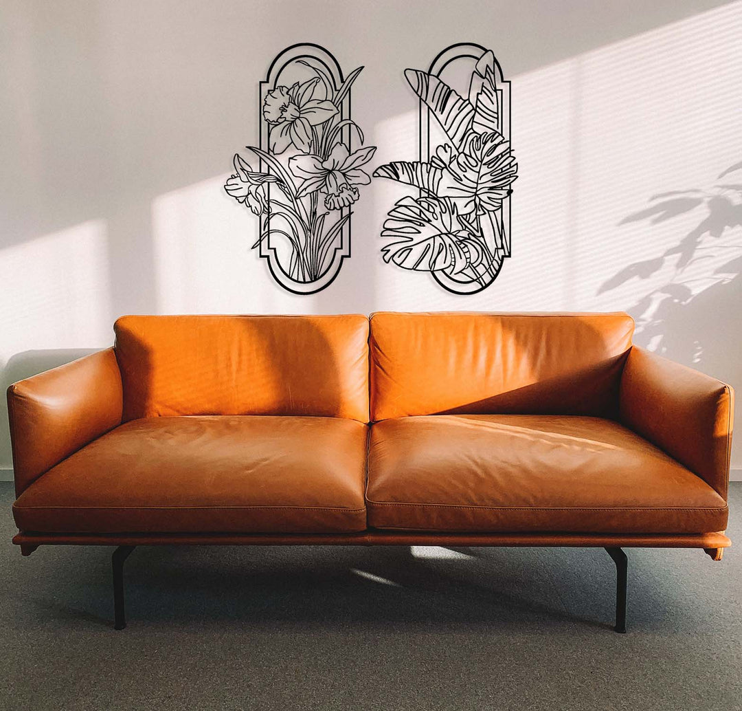 Zwarte metalen botanische wandpanelen set van 2. De perfecte, stijlvolle wanddecoratie voor aan de muur boven de bank in een moderne of botanische woonkamer.