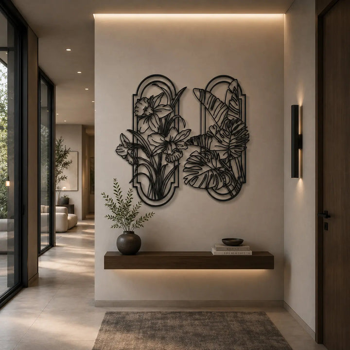 Zwarte metalen botanische wanddecoratie set. Geef uw gasten een fris en natuurlijk welkom in de hal of entree met deze tropische muurkunst.
